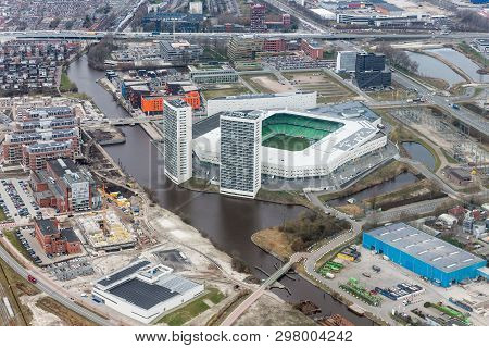 Aerial View City Of Goningen With Soccer Stadion, The Netherlands