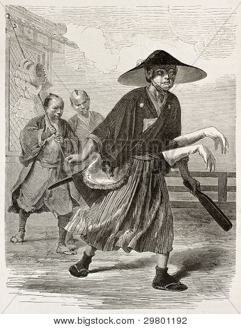 Japonês velho retrato gravado de instrutor de esgrima. Criado por Bayard e Hildibrand após o esboço de 
