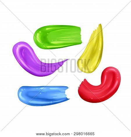 Set Of Colorful Smears Of Acrylic Or Gouache Paints On White Background, Realistic Bright Colors Str