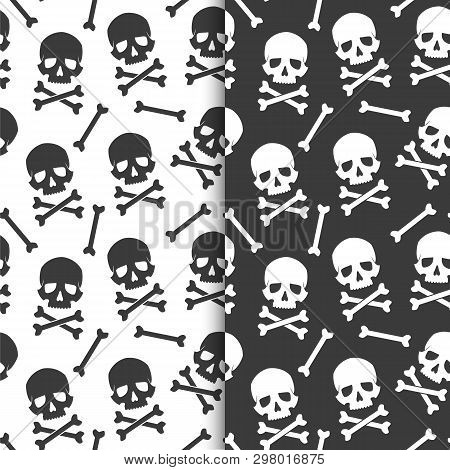 Set Of Seamless, Endless Patterns Black Skulls On A White Background And White Skulls On Black Backg