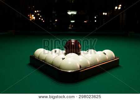 Billards Pool Game. Green Cloth Table With White Balls