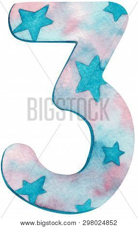 Watercolor Number Three With Pink And Cblue Colors And Stars. Hand-drawn Illustration.