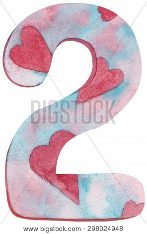 Watercolor Number Two With Pink And Cblue Colors And Hearts. Hand-drawn Illustration.