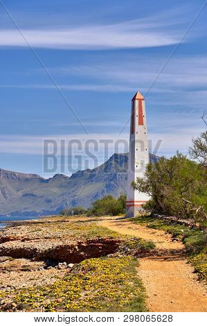 Detail Of An Old Range Light Tower Built In The 20th Century With Peninsula De Llevant In The Backgr