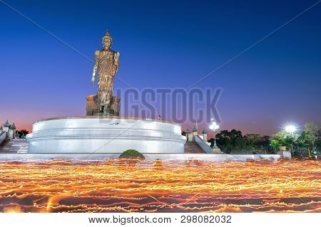 Buddhism Light Waving Rite In Magha Puja, Day At Thailand. In Thailand, Buddhist Candles Are Moving 
