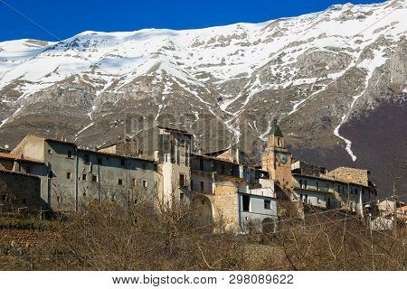 Panoramic View Of Assergi Mountain Village In Abruzzo