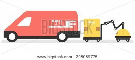Vector Illustration With Robot Loader Loads Boxes Into A Car. Automation Warehouse Processes. Smart 
