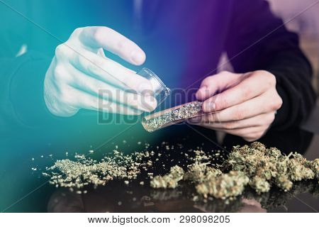 Close Up Of Addict Lighting Up Marijuana Joint With Lighter. Man Rolling A Marijuana Weed Blunt. Man