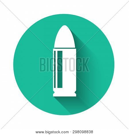 White Bullet Icon Isolated With Long Shadow. Green Circle Button. Vector Illustration