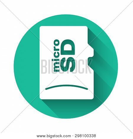 White Micro Sd Memory Card Icon Isolated With Long Shadow. Green Circle Button. Vector Illustration