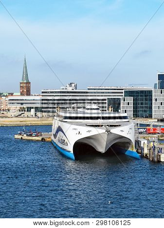 Aarhus, Denmark - July 20, 2017: The High-speed Ferry Express 1 Of The Shipping Company Molslinjen I