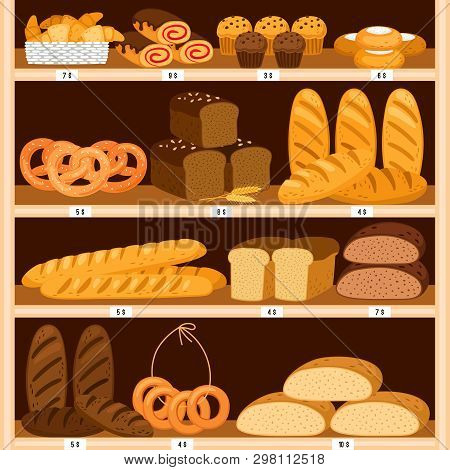 Grocery Breads Shelves. Bread And Fresh Pastries Wood Showcase, Bakery Products In Wooden Interior. 