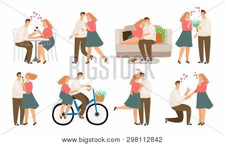 Couple Situations. Young People, Woman And Man In Love Kiss Walk Quarrel And Couch Sofa. Vector Illu