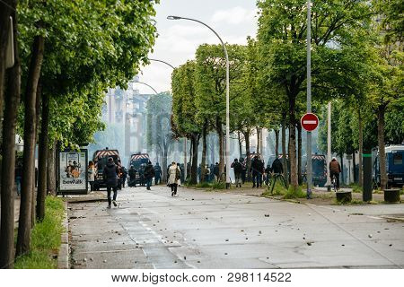 Strasbourg, France - Apr 28, 2019: Police Securing European Institutions With Teargas Allee De La Ro