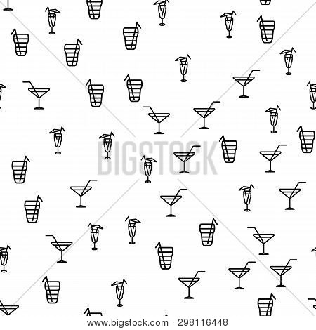 Alcoholic Cocktail Drink Seamless Pattern Vector. Glass Of Beverage, Tropical Cocktail With Straw An