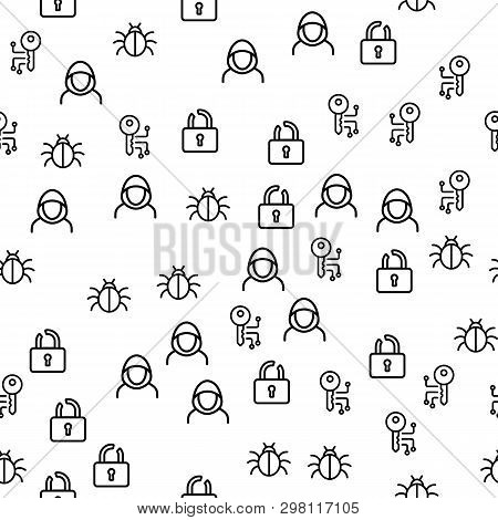 Cyber Hacker Activity Seamless Pattern Vector. Hacker, Bug, Open Lock And Key Monochrome Texture Ico