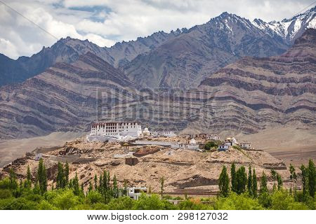 Stakna gompa temple buddhist monastery with Himalaya mountains at background in Ladakh, Jammu and Kashmir, India.