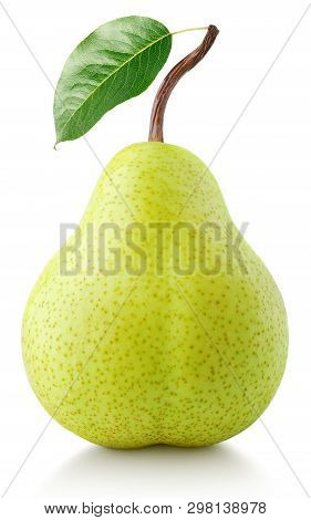 Green Pear Fruit With Leaf Isolated On White With Clipping Path