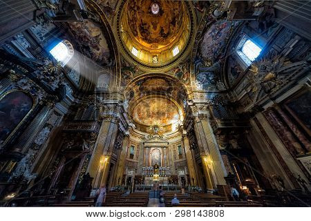 Rome - Apr 14, 2019: Panorama Inside The Famous Church Of The Gesu In Rome, Italy. Ornate Interior O