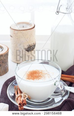 Homemade Kefir In A Glass Cup With Cinnamon And Sugar, Selective Focus
