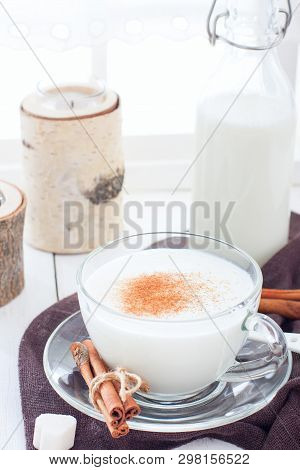 Homemade Kefir In A Glass Cup With Cinnamon And Sugar, Selective Focus