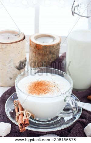 Homemade Kefir In A Glass Cup With Cinnamon And Sugar, Selective Focus
