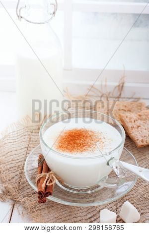 Homemade Kefir In A Glass Cup With Cinnamon And Sugar, Selective Focus