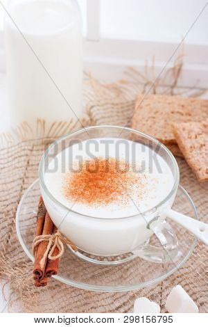 Homemade Kefir In A Glass Cup With Cinnamon And Sugar, Selective Focus