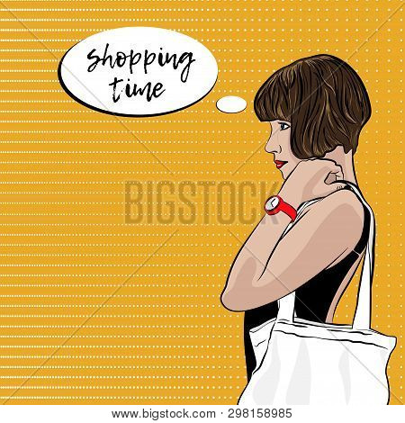 Pop Art Woman With Ecobag. Shopping Time.