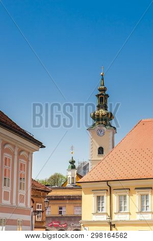 Zagreb, Croatia - April, 2018: Beautiful Architecture Of The Antique Buildings At Zagreg Upper Town
