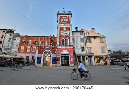 Rovinj, Croatia - May 22, 2018: View On Bright Building Exteriors Of Coastal Town Of Rovinj, Istria,