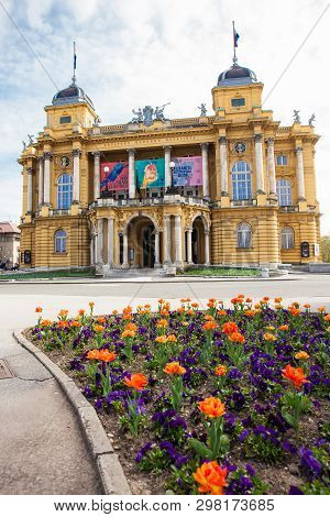 Zagreb, Croatia - April, 2018: The Historical Building Of The  Croatian National Theatre In A Beauti