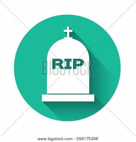 White Tombstone With Rip Written On It Icon Isolated With Long Shadow. Grave Icon. Green Circle Butt