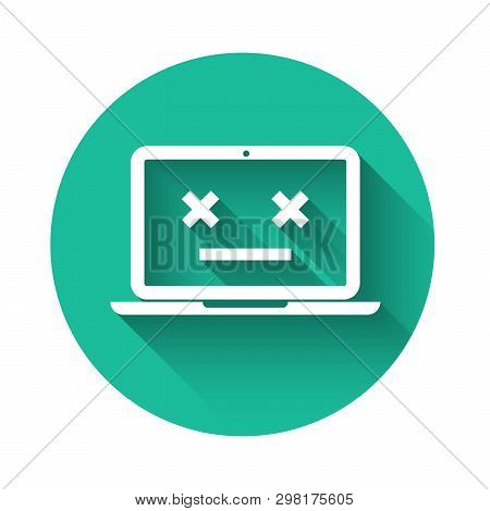 White Dead Laptop Icon Isolated With Long Shadow. 404 Error Like Laptop With Dead Emoji. Fatal Error
