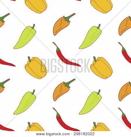Peppers Seamless Pattern For Wallpaper Design.two Kid Of Pepper. Fresh Ripe Color Food. Organic Heal