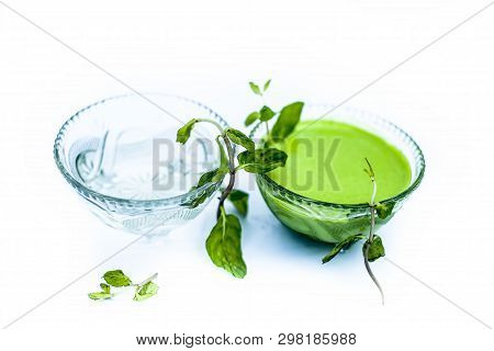 Best Home Remedy Or Treatment To Reduce Rashes Isolated On White Consisting Of Mint And Water In A G