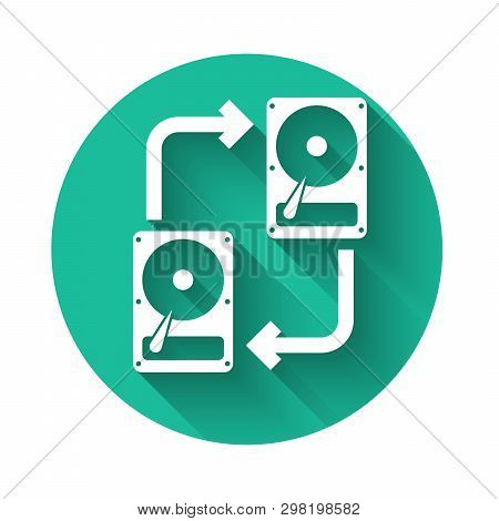 White A Fixed Data Storage Device Hard Disk With Arrows, Data Copy Icon Isolated With Long Shadow. D