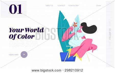 Cute Girl With Flower Sitting On Chair Outdoors Among Green Pants Posing To Artist Or Relaxing At Su
