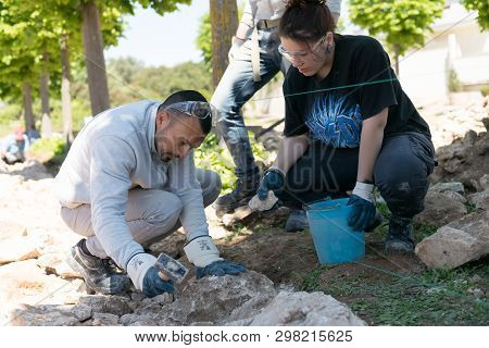 Maruggio, Italy - April 28, 2019 - Construction Of A Low Wall - Old Traditional Apulian Architectura