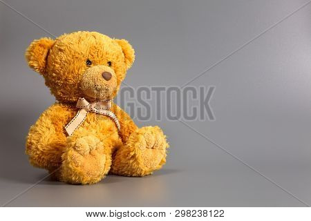 Soft Warm Cute Brown Teddy Bear On Color Background. Isolated. Soft Grey Gray Background. Copy Space