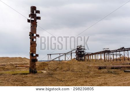 Desert Industrial Landscape With Stationary Rusty Gravitational Separator Of Sand And Gravel, Strang