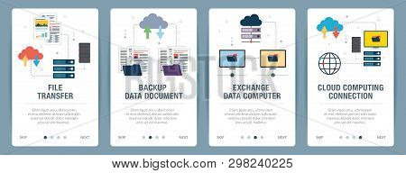 Vector Set Of Vertical Web Banners With File Transfer, Backup Data Document, Exchange Data Computer 
