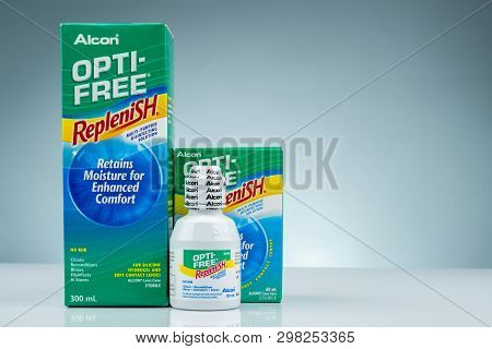 Chonburi, Thailand-october 14, 2018 : Opti-free Replenish On Gray Background. Multi-purpose Disinfec