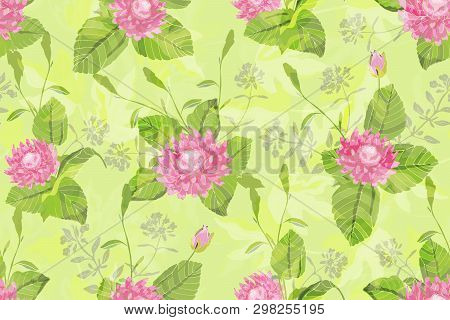 Art Floral Vector Seamless Pattern. Beautiful Vector Pink Flowers With Green Stems And Leaves On A B