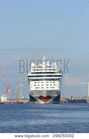 Vvelsen, The Netherlands -april 19th, 2017:   Aida Sol In Ijmuiden Sea Lock, The Largest Sea Lock In