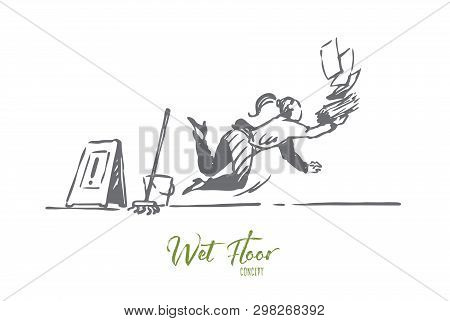 Floor, Wet, Caution, Woman, Slippery Concept. Hand Drawn Female Office Worker Fell On The Slippery F