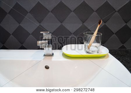 Clean Wooden Toothbrush In The Bathroom , Concept Of Heathy Lifestyle, dental Care .