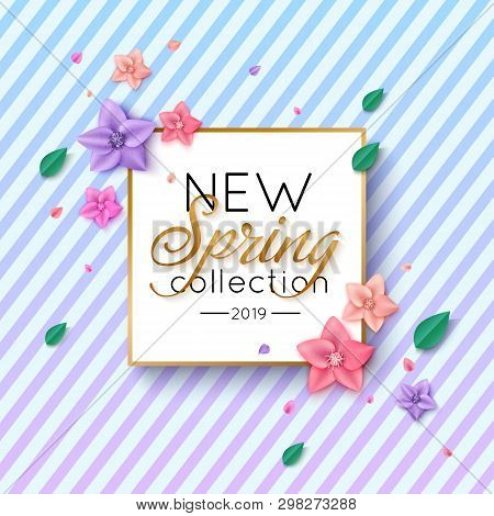 Spring New Collection Banner With Colorful Flowers And Foliage On Striped Background