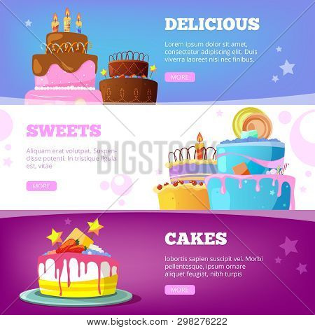 Cake Banners. Birthday Baking Products With Syrup Chocolate Vanilla Wedding Cakes Vector Cartoon Ill