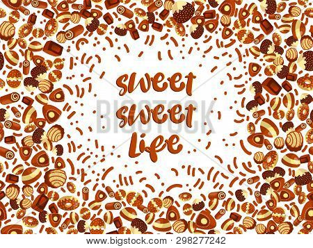 Chocolate Candy Frame Of Choco Candies On White Background. Chocolate Candy Banner, Top View, Flat L